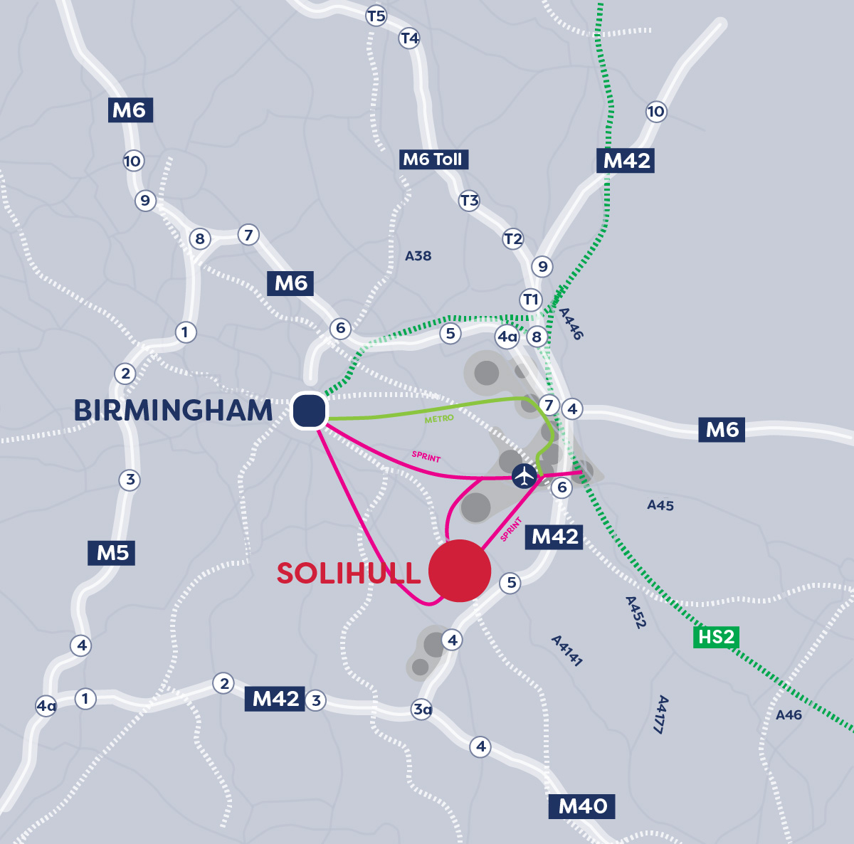 A map showing Solihull's location and transport links.