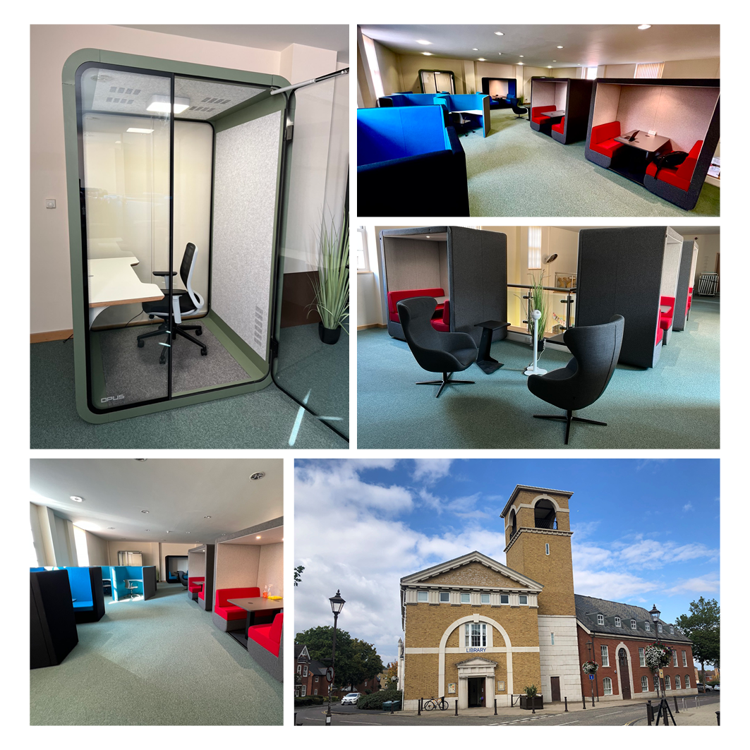 Collection of images showing workspace at the WorkHub