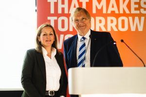 Emma Haynes, partnerships director at NPL with Cllr Ian Courts, Leader of Solihull Council making UKTL announcement at the Global West Midlands Tech Conference