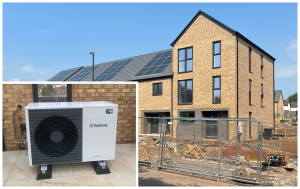 Photo of new housing on the Mountfort site with Solar pv panels and an air source heat pump