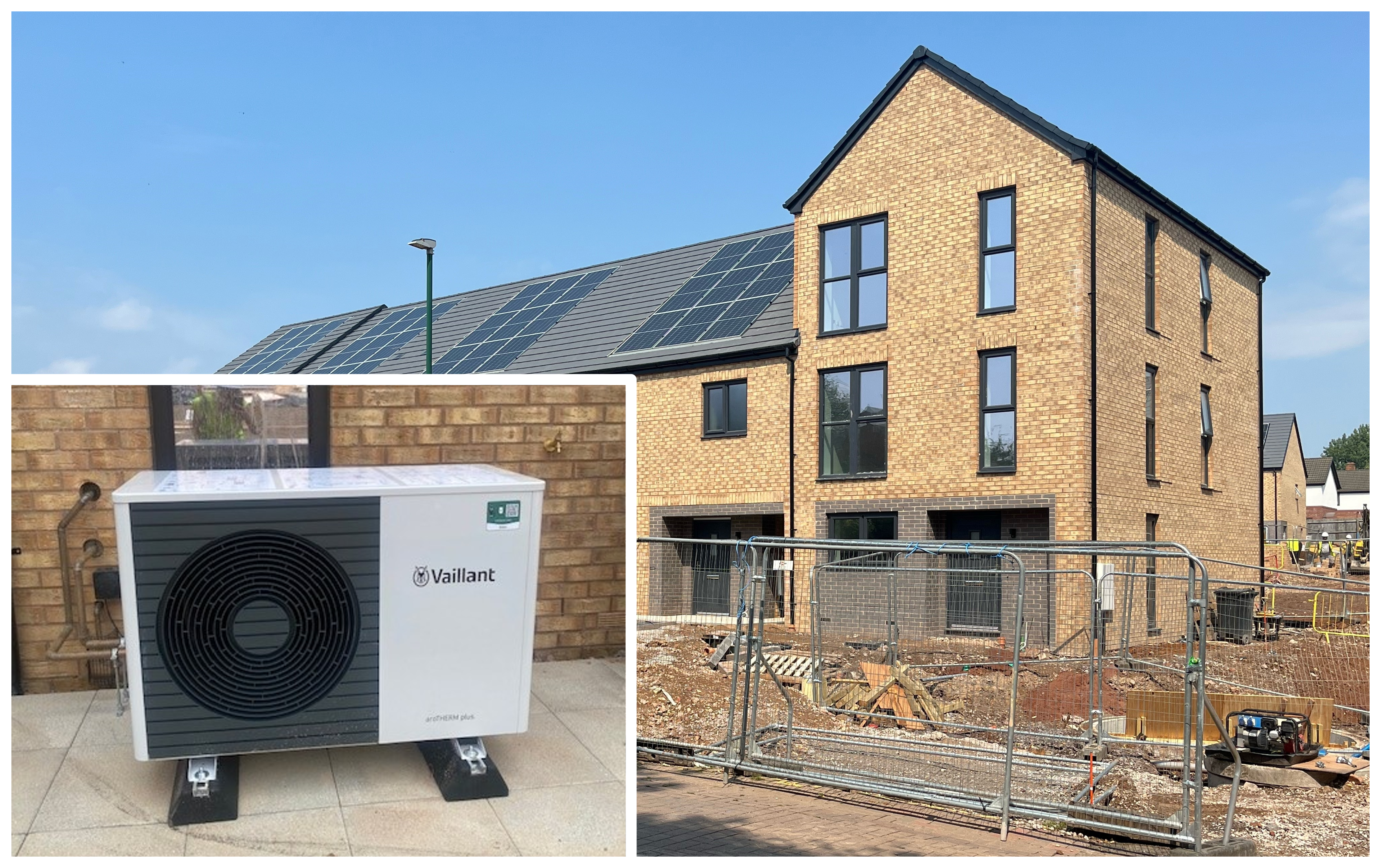 Photo of new housing on the Mountfort site with Solar pv panels and an air source heat pump