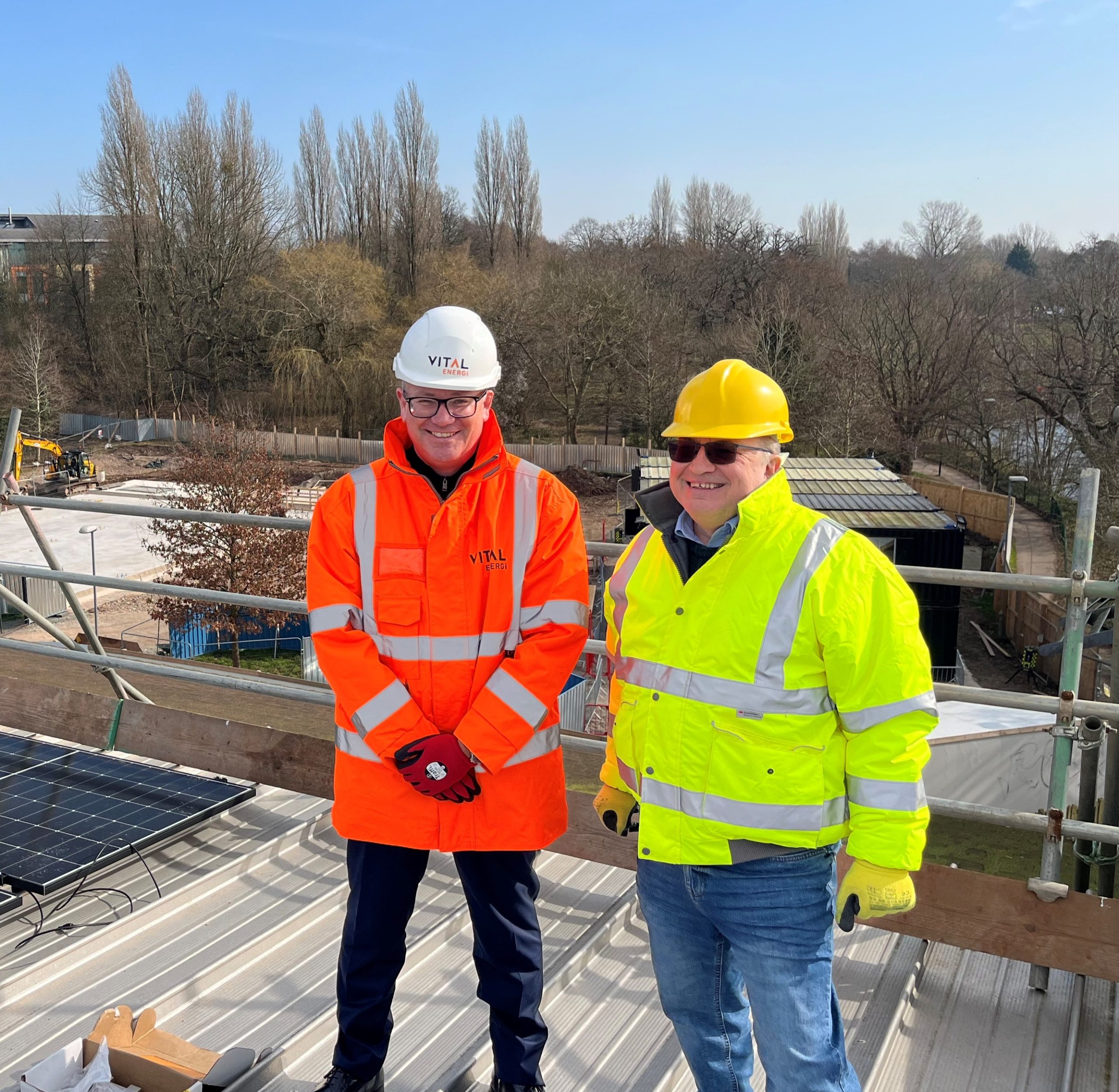 (Left) Simon Jones: Regional Manager, Vital Energi (Right) Cllr Andy Mackiewicz: Solihull Council, Portfolio Holder for Climate Change and Planning, overlooking the new energy centre site in Solihull