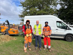 Photo Caption: Cllr Ken Hawkins, Cabinet Member for Environment and Infrastructure (middle) joined by contractors from Haystoun Construction Ltd at Kingshurst Park.
