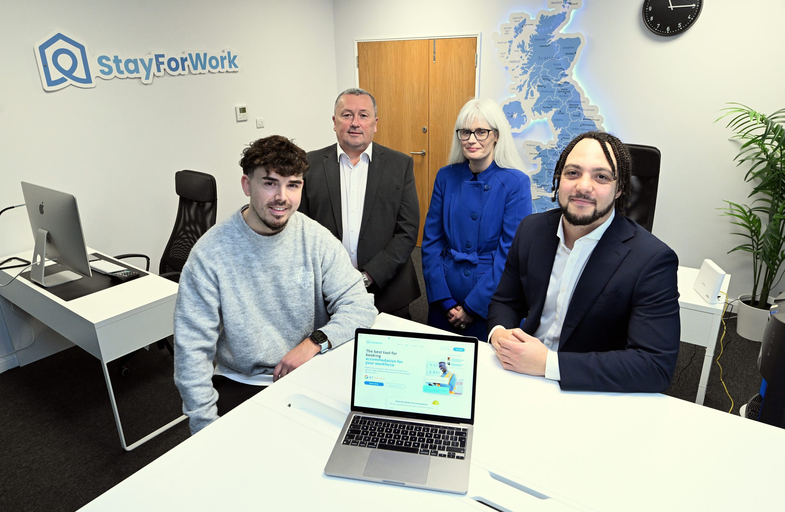 From left: Adam Bassett, Andy Stewart, Cllr Heather Delaney, and Courtney Cardin inside StayForWork’s office at the Blythe Valley Innovation Centre.
